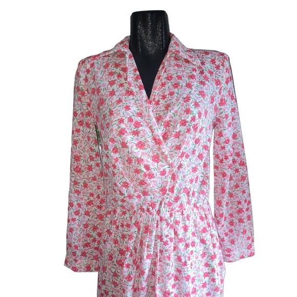 Axara Paris White and Pink Floral Print Faux Wrap Collared Dress S - Picture 2 of 7